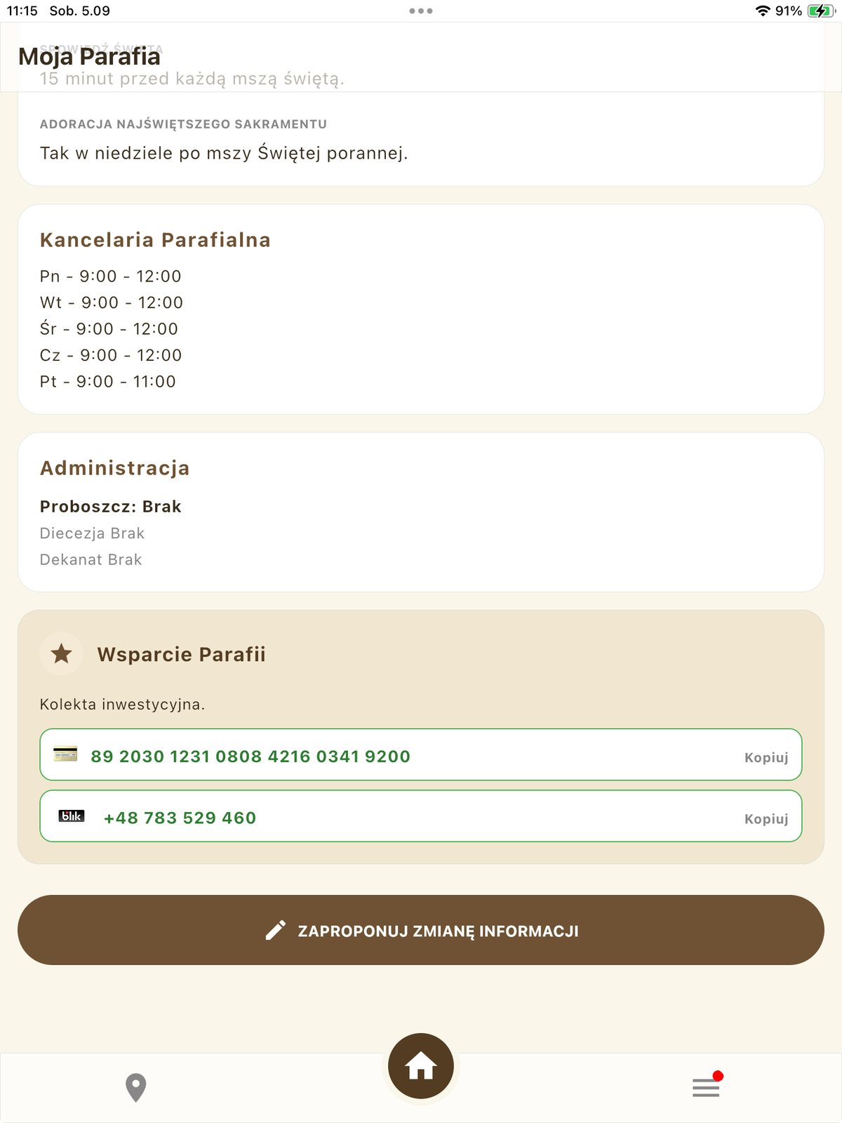 Ekran wsparcia parafii online w aplikacji Moja Parafia — wybór kwoty i sposobu wpłaty